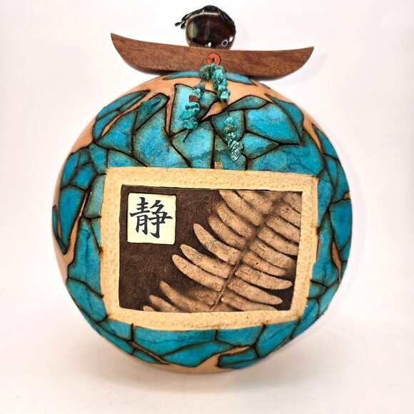M & K Doolittle Handcrafted Gourd Art Decor With Turquoise Mosaic Wood Top je126 - Picture 3 of 14